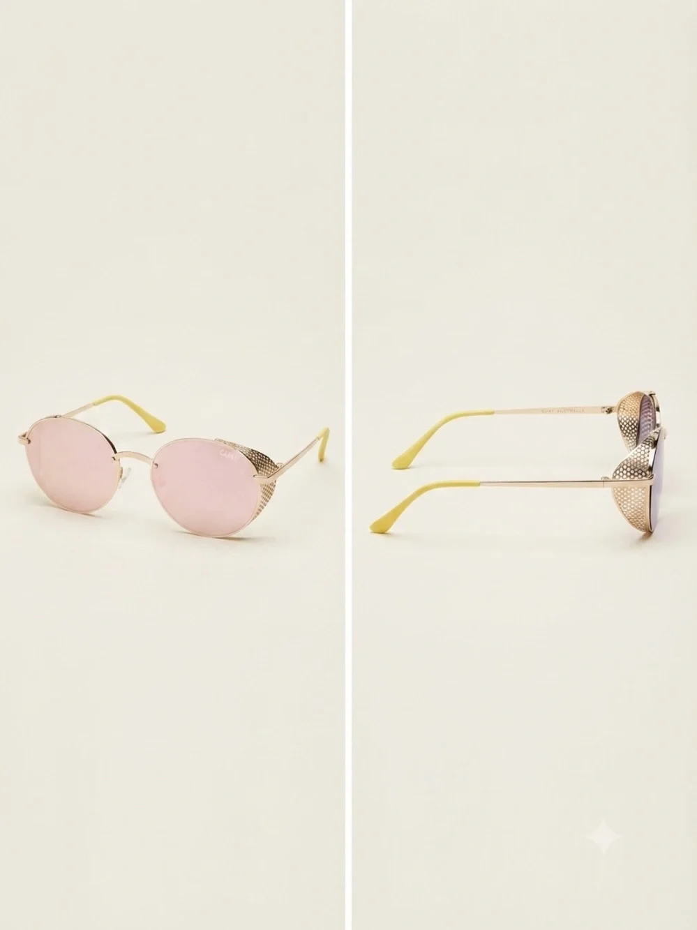 Quay Australia Round Pink Lens Sunglasses with Gold Frame and Yellow Temples